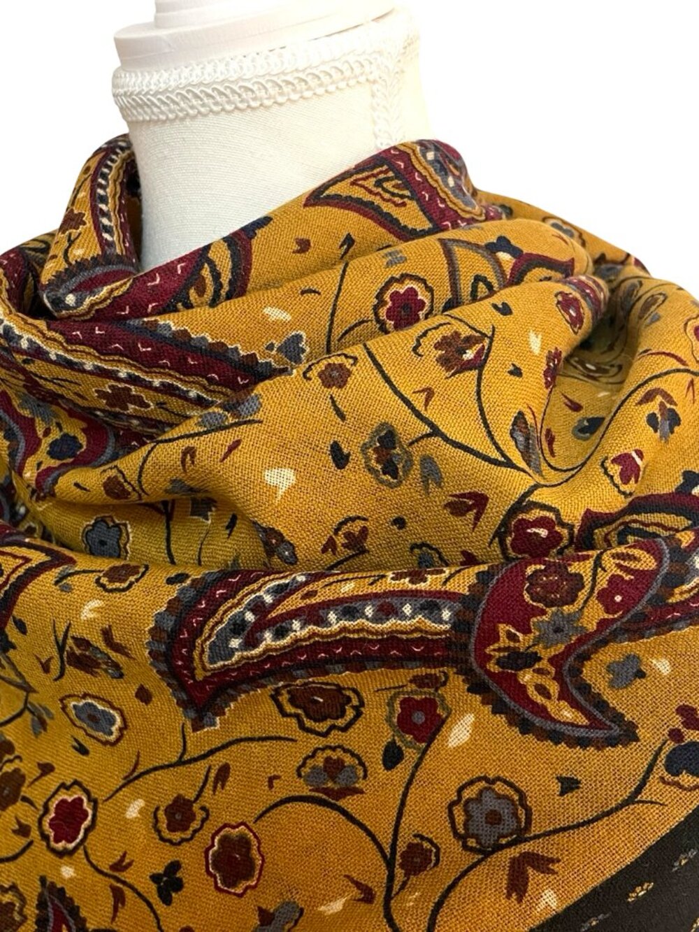 Anne Klein Paisley Square Scarf – Mustard Yellow, Burgundy & Black - Picture 4 of 8